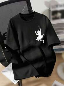 青少年男孩休閒簡約卡通圖案短袖t恤,夏季款 - 黑色 - 查看 1