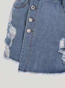 Teen Girls' Ripped Denim Skort, Casual Loose Fit And Comfortable, Hip Hop Street Style - Medium Wash - View 3