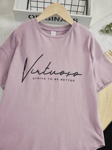 SHEIN 2 piezas/conjunto de atuendos casuales para niñas preadolescentes con parte superior y pantalones holgados de hombro caído con estampado de letras