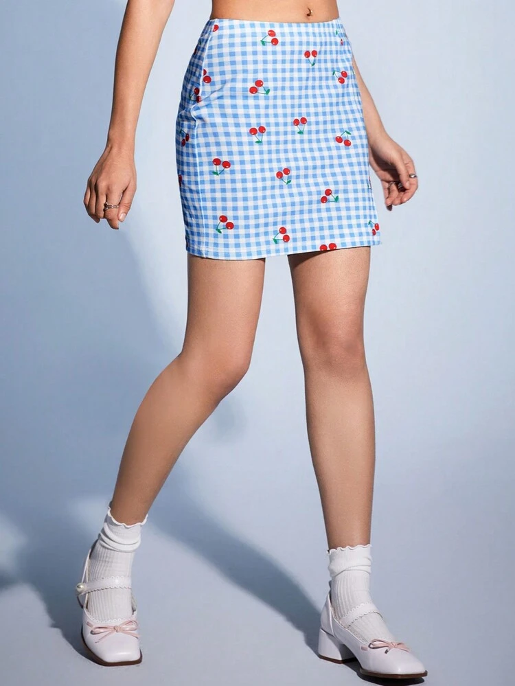 Women's Cherry & Gingham Pattern High Waist Skirt