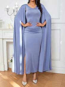 SHEIN Belle Solid Color Cape Sleeve Side Slit Bridesmaid Dress - Champagne - View 1