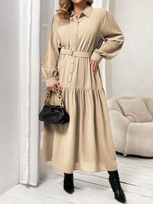 SHEIN Franclia 大尺碼女裝燈籠袖襯衫連衣裙 - 杏色 - 查看 3