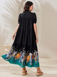 Seusyu 女士花卉印花阿拉伯風格連衣裙,泡泡袖和荷葉邊設計 - 黑色 - 查看 4