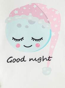 Young Girl Star Patch Cartoon Print Snug Fit Pajama Set - White - View 6