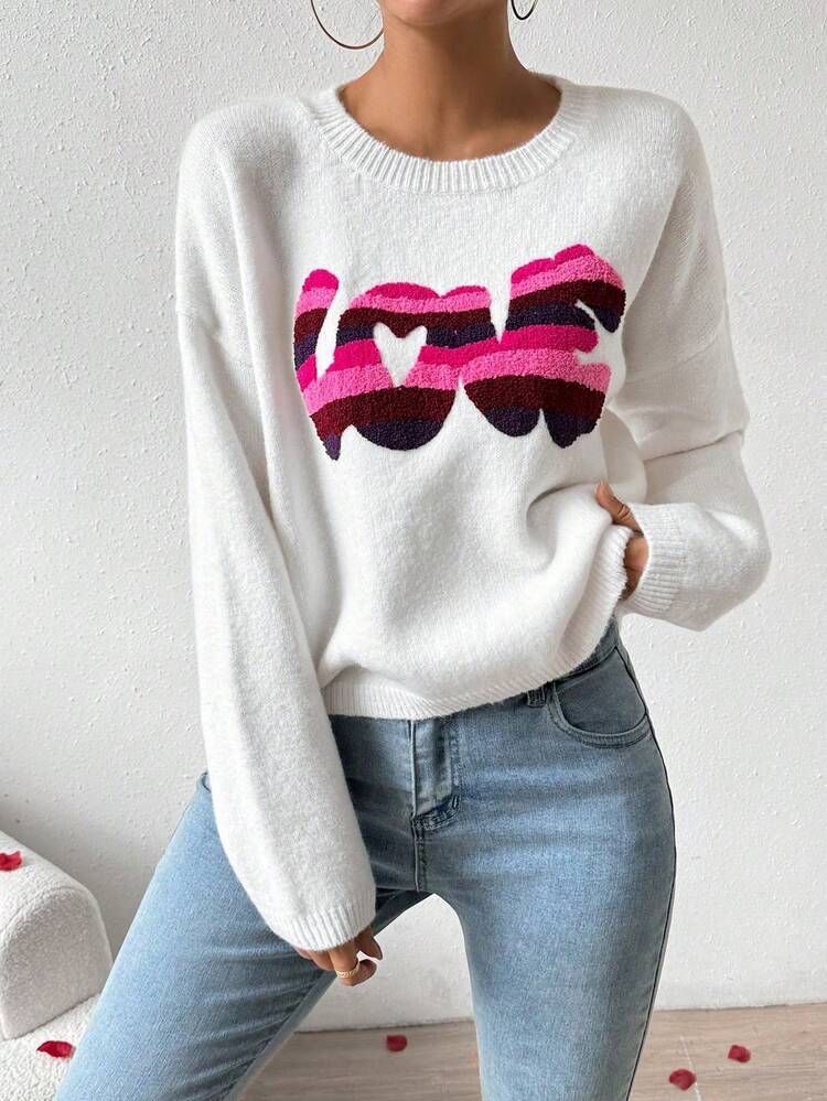 Letter Printed Long Sleeve Casual Knit Pullover Fall Winter Sweater