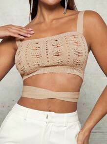 SHEIN BAE Cover Ups Apricot Crochet Texture Hollow Cross Strap Large Backless Tight Elastic Perspective Spring And Summer Holiday Festival Clothes Top