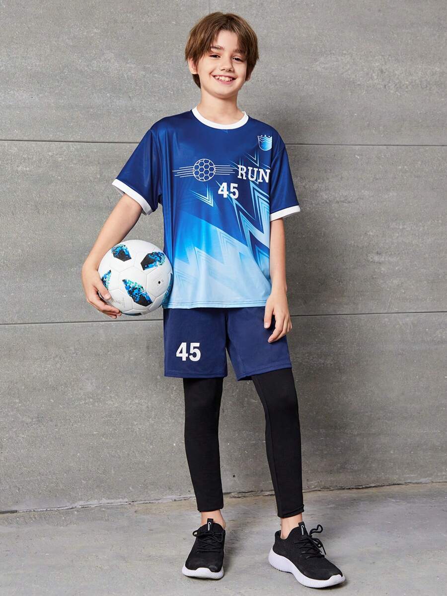 SHEIN 男生休閒印花t卹二合一褲運動套裝 - 藍色 - 查看 1