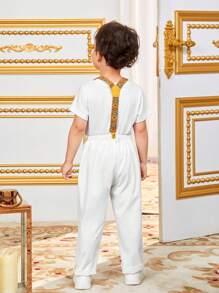 Young Boy Casual Geometric Pattern Overalls With Braces Sibling - White - View 2