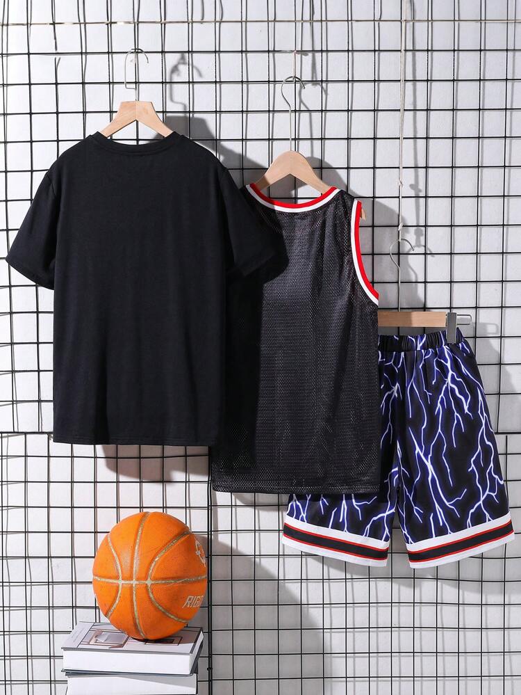 Teen Boy Street Style Cool Lightning & Letter Print Sleeveless Tee With Round Neck T-Shirt And Shorts Knitted 3pcs Set