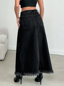 EURMUSE Ladies' Solid Color Frayed Casual Denim Skirt - Blue - View 2