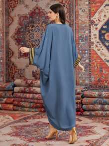 Al Najma Patchwork Ribbon Fringed Turkish Dress, Modest Kaftan - Blue - View 2