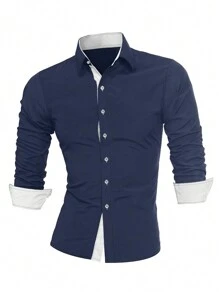 男士休闲通勤拼色纽扣长袖衬衫 - 藍白色 - 查看 1