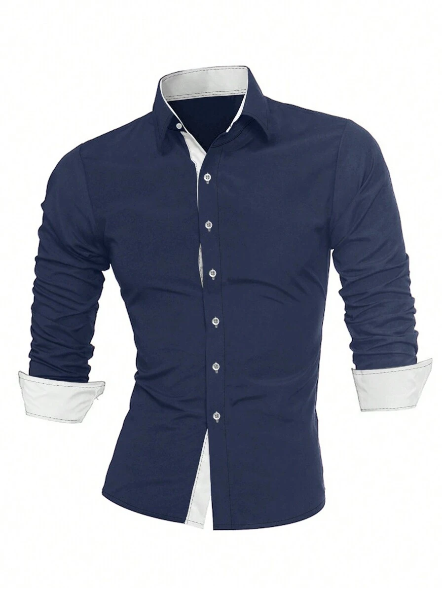 男士休闲通勤拼色纽扣长袖衬衫 - 藍白色 - 查看 1