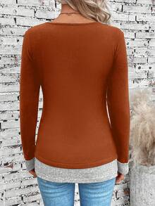 EMERY ROSE Buttoned Decor Two-In-One Long Sleeve T-Shirt - Orange - View 2