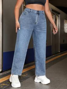 SHEIN EZwear Women'S Plus Size Straight Leg Jeans - Dark Wash - View 5