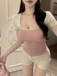 DAZY 女性短袖,色塊拼湊,修身針織上衣 - 橘色 - 查看 1