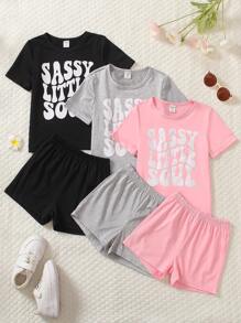 SHEIN Young Girls' Slogan Printed Short Sleeve T-Shirt And Shorts Set
