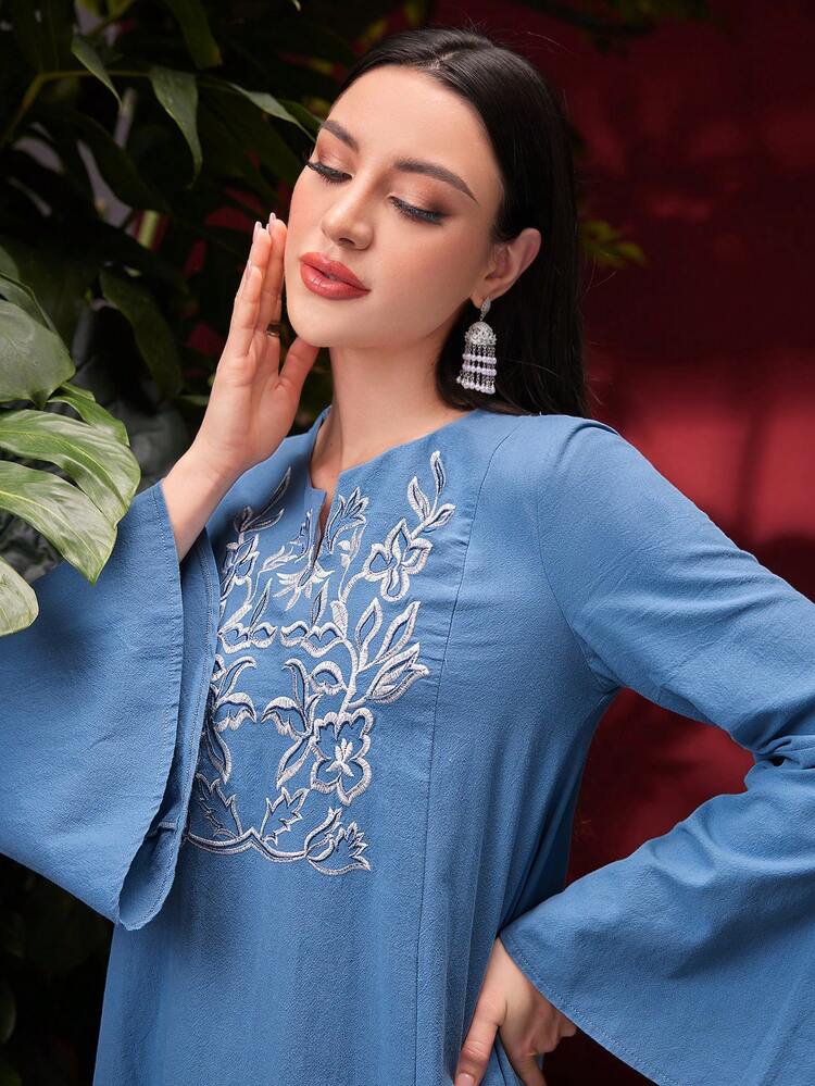 Women's Embroidery Bell Sleeve Maxi Loose Arabian Jalabiya Dress