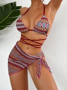 Full Printed Geometric Pattern Bikini Set With Strappy Detailing And Swim Skirt New Year - Multicolor - View 4