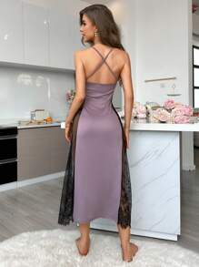 Patchwork Lace Cami Sexy Pajama Night Dress Long Dress - Mauve Purple - View 2
