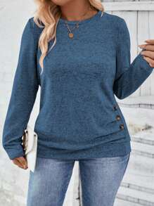 SHEIN LUNE Plus-Size Button Decor Long Sleeve T-Shirt - Blue - View 1