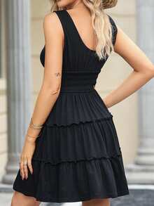 Acelitt Casual Style High Waist Solid Color Sleeveless Ruffle Hem Dress - Black - View 2