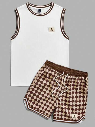 Street Life Men's Striped Decorated Tank Top And Shorts 2pcs/Set, School