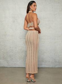 SHEIN BAE Cover Ups Apricot Crocheted Textured See-Through Halter Neck Sexy Hollowed Out Waist Side Spring And Summer Holiday Clothing Mid-Length Dress - Apricot - View 2