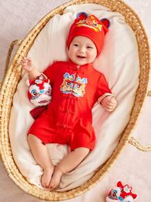 SHEIN Barboteuse À Manches Courtes Col Montant De Style Chinois Pour Nouveau-né Avec Chapeau De Tigre Et Short