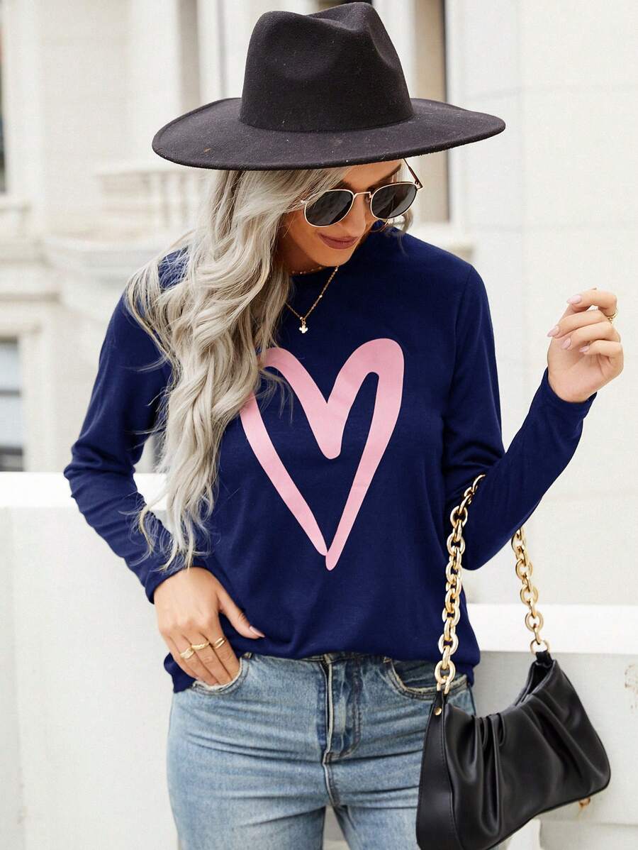 SHEIN LUNE Tim In Tay áo dài Áo thun - Xanh đậm - Xem 1