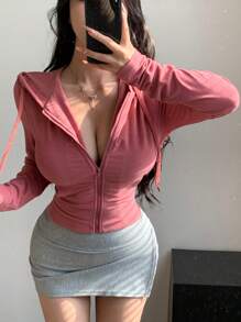 DAZY Ladies' Solid Color Drawstring Hoodie With Zipper Design Long Sleeve T-Shirt,Fall Clothes Going Out Tops Women - Watermelon Pink - View 4