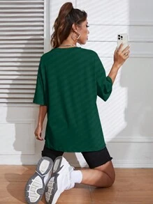 INAWLY Camiseta De Hombro Caído Con Cuello Redondo De Color Sólido - Verde Oscuro - Ver 2