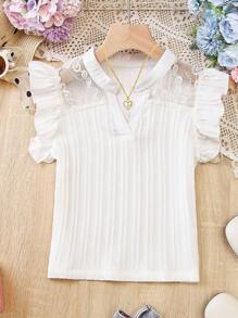 Tween Girl Contrast Lace Ruffle Trim Notched Neckline Blouse