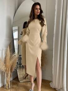 Firerie Vestido Con Dobladillo Con Abertura Y Mangas Patchwork Para Mujer