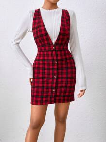SHEIN MOD Đầm Nút phía trước Sọc ca rô Thanh lịch - Đỏ - Xem 1