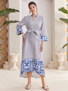 Seusyu Women's Floral Printed Vertical Striped Abaya Dress - Blue - View 8