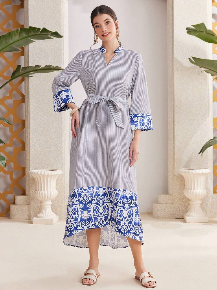 Women's Floral Printed Vertical Striped Abaya Dress