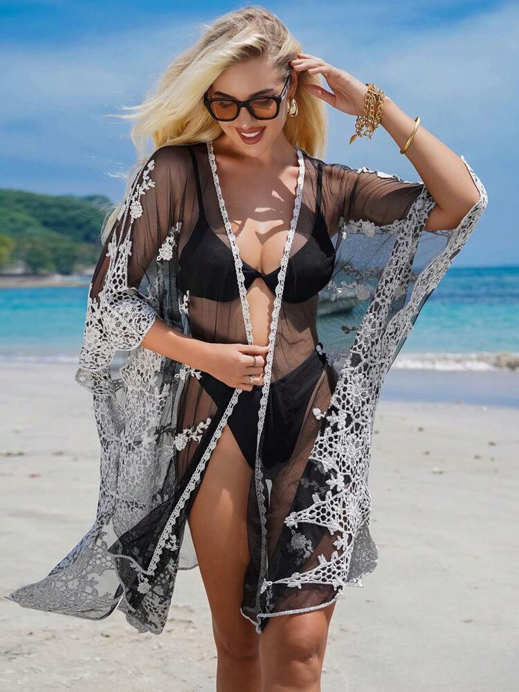1pc Embroidered Mesh Kimono Summer