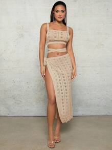 SHEIN BAE Áo che Màu Quả mơ Đan bằng móc Rỗng Cái nĩa cao Dây đeo Mùa Xuân Và Mùa hè Ngày lễ Quần áo Nhìn xuyên qua Của phụ nữ Váy - Màu be - Xem 1