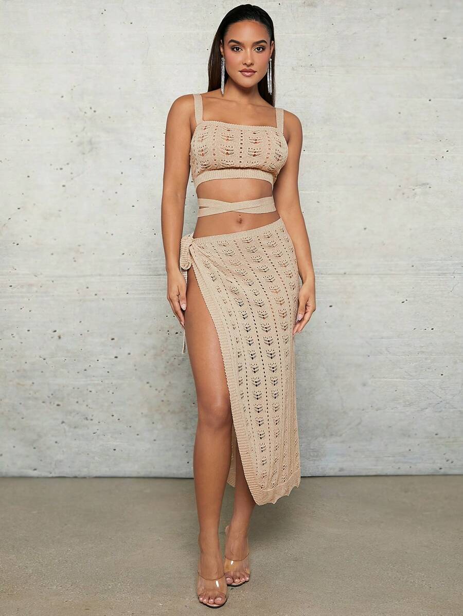 SHEIN BAE Áo che Màu Quả mơ Đan bằng móc Rỗng Cái nĩa cao Dây đeo Mùa Xuân Và Mùa hè Ngày lễ Quần áo Nhìn xuyên qua Của phụ nữ Váy - Màu be - Xem 1