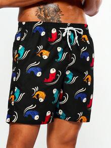 Manfinity Bermudas De Playa De Cordón Para Hombre Con Estampado De Pez Carpa - Negro - Ver 4