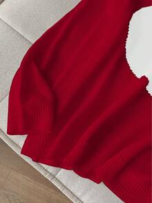 Flirla Red Round Neck Heart Plus Size Sweater - Red - View 5
