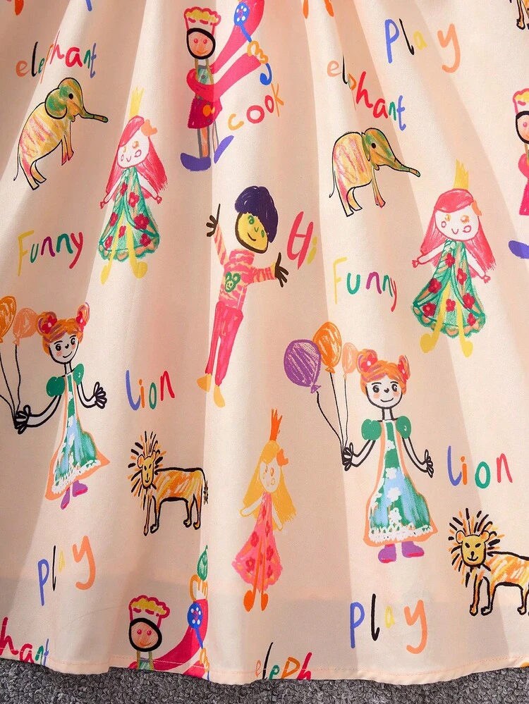 Tween Girls' Vintage Colorblock Cartoon Pattern Flower Embroidery Stud Detail Turn-Down Collar Puff Sleeve Dress