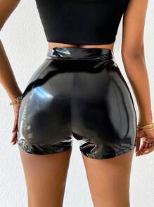 VaVaBold Pantalones Cortos De Mujer Con Cremallera De Color Sólido - Negro - Ver 2