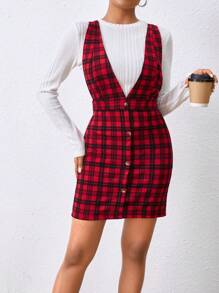 SHEIN MOD Đầm Nút phía trước Sọc ca rô Thanh lịch - Đỏ - Xem 3