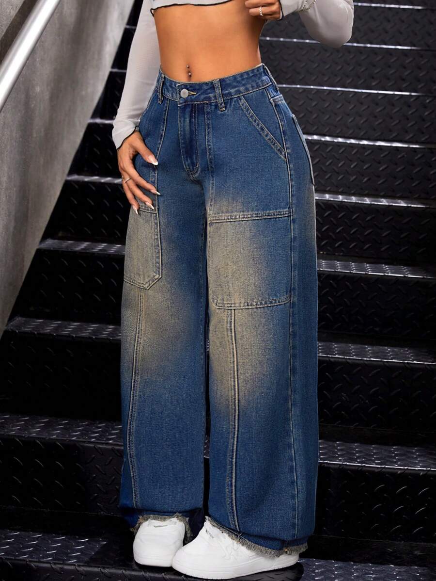 SHEIN ICON Của phụ nữ Màu thuần quần ống rộng Quần jean - Màu xanh lam - Xem 1