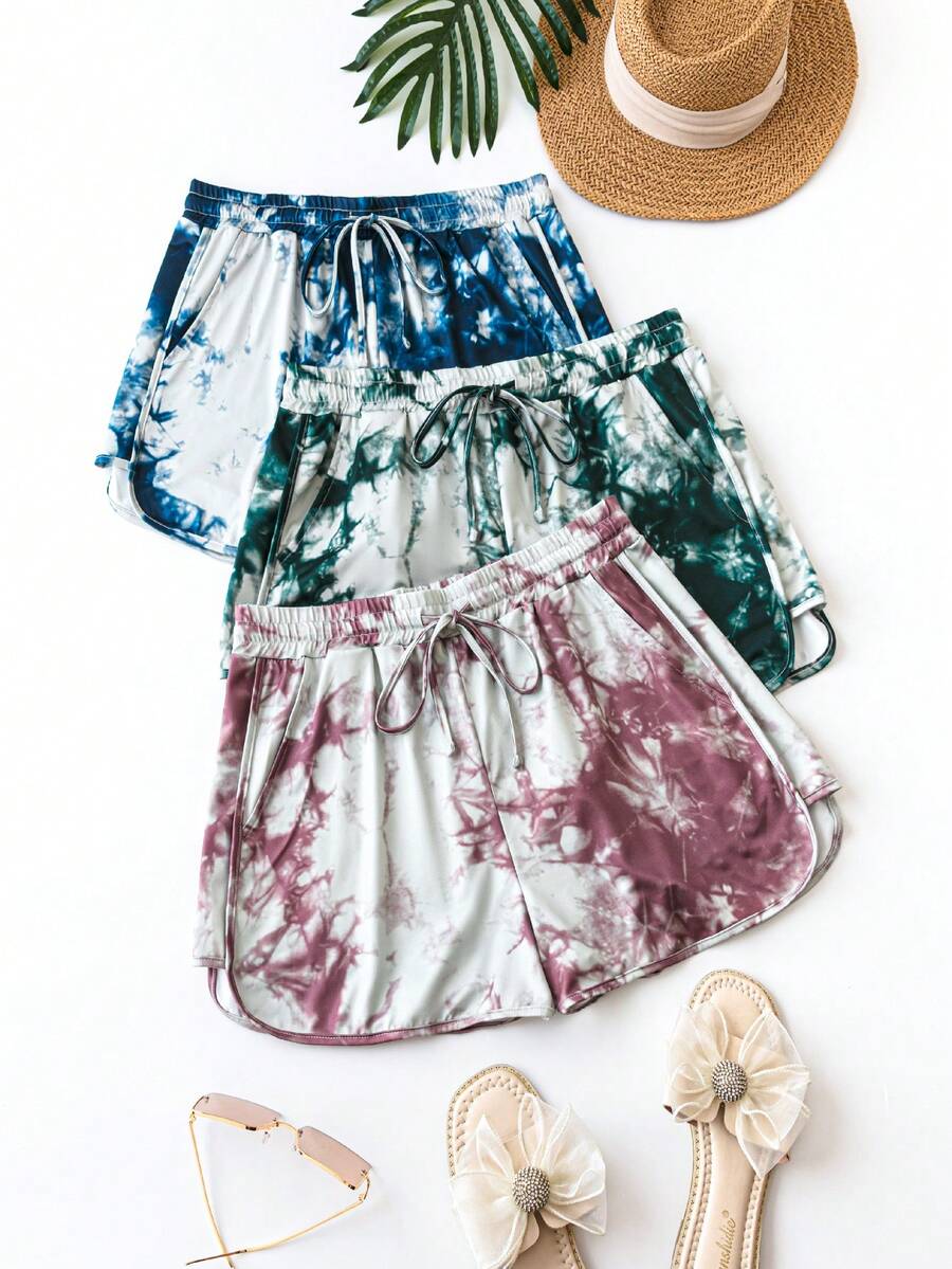 Flirla Của phụ nữ Kích thước lớn Nhuộm buộc Eo đàn hồi Quần short dây kéo - Nhiều màu - Xem 1