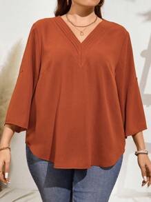 SHEIN LUNE 大尺碼棕色 V 領多層設計可調式袖口休閒襯衫夏季 - 棕色 - 查看 5