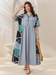 Seusyu 女款拼接印花阿拉伯娃娃圖案洋裝 - 藍色 - 查看 3