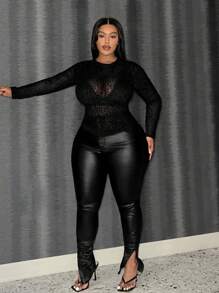 Slaydiva Elegant And Sexy Fitted T-Shirt With Leopard Pattern And Plush Fabric For Plus Size Women - Black - View 2